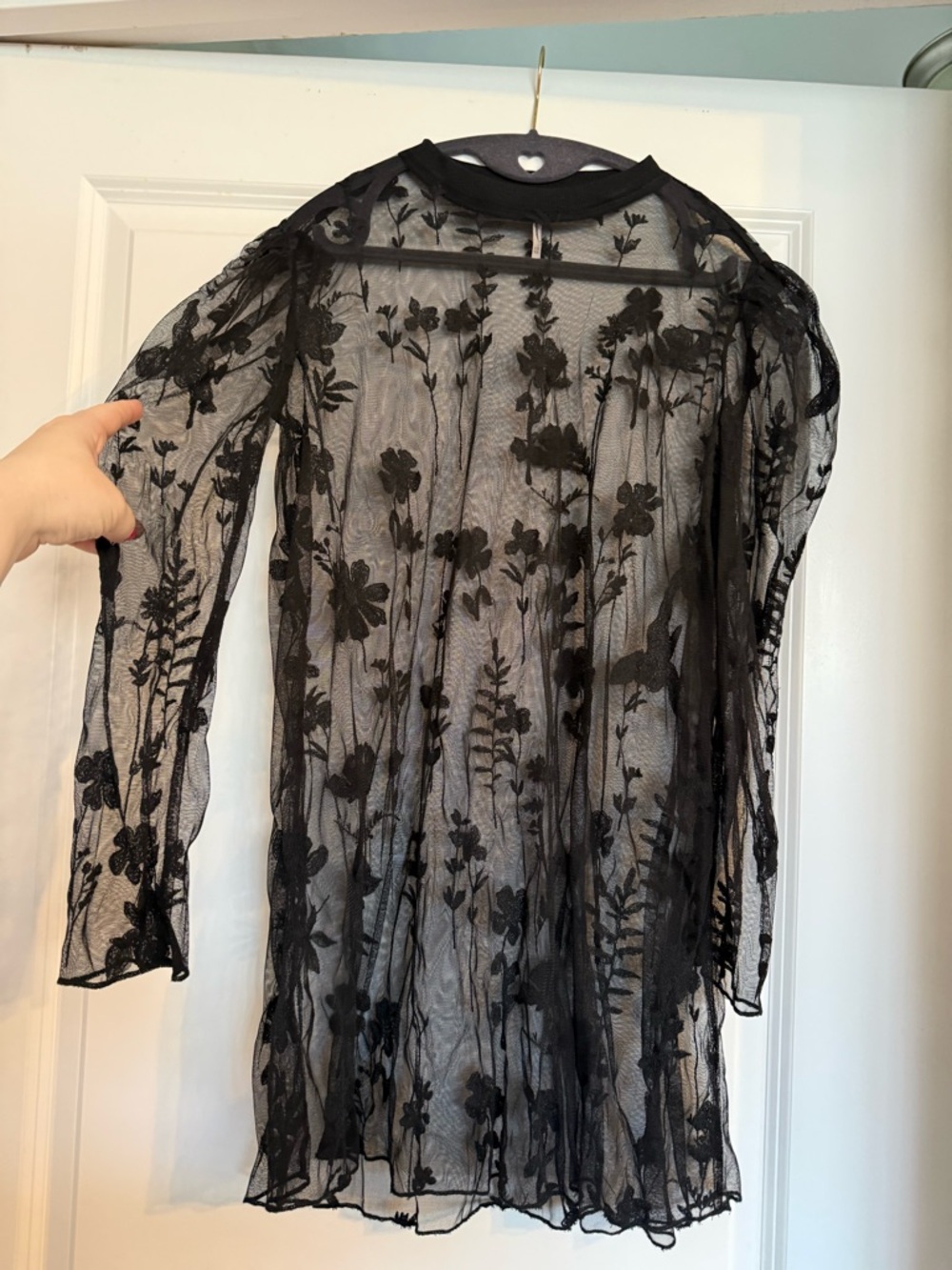 Free People- Sheer Black Embroidered Floral Long Sleeve Top